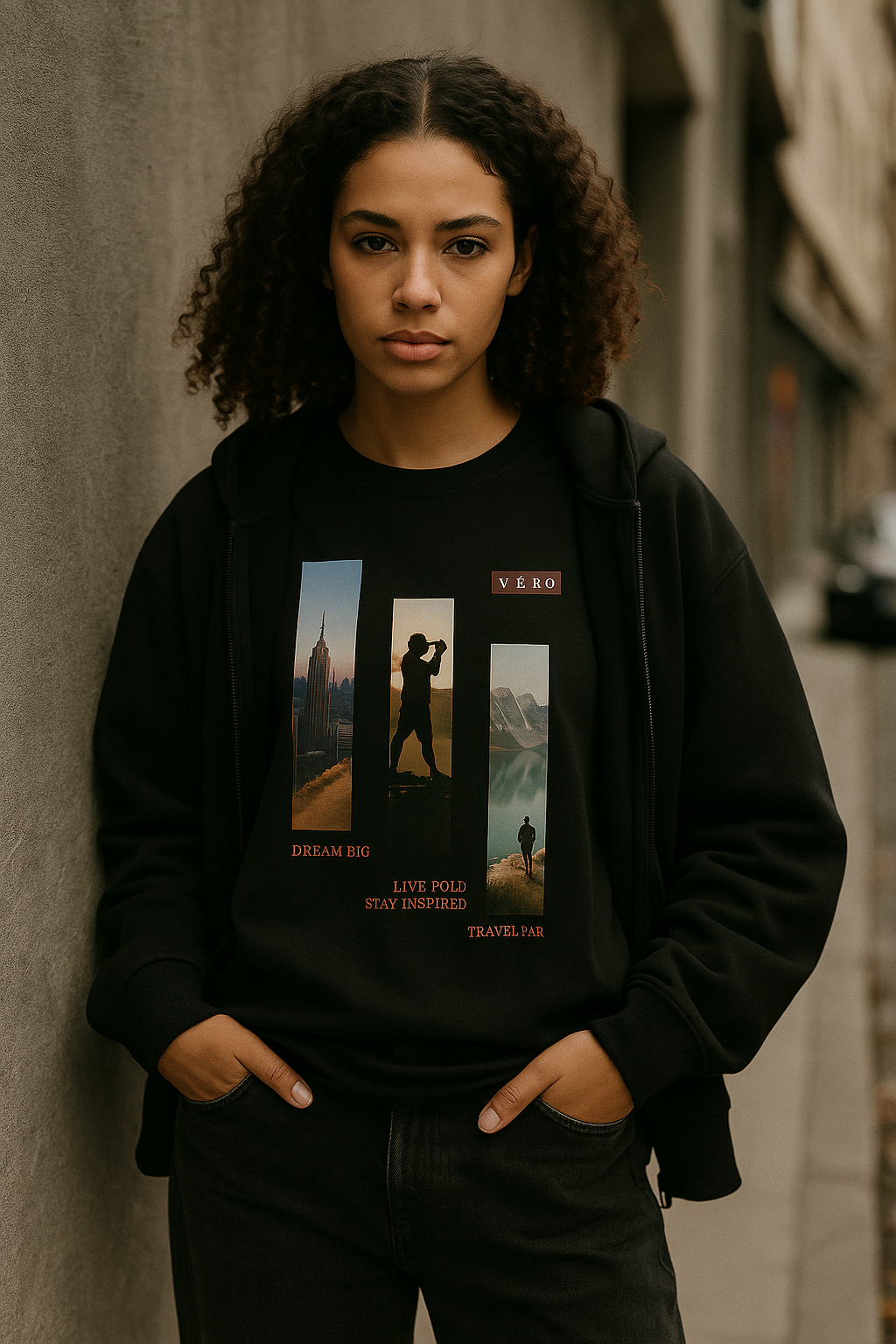 A young woman wearing a black VÆRO T-shirt, standing confidently against an urban concrete background, representing the Women Collection by VÆRO.