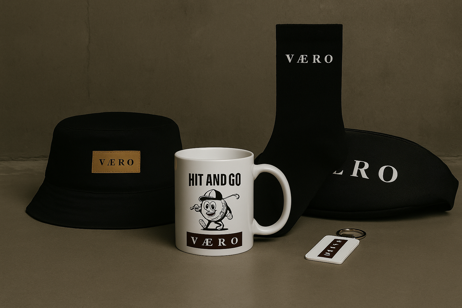 “VAERO accessories collection including bucket hat, waist bag, keychain and branded mug displayed on a neutral studio background.”