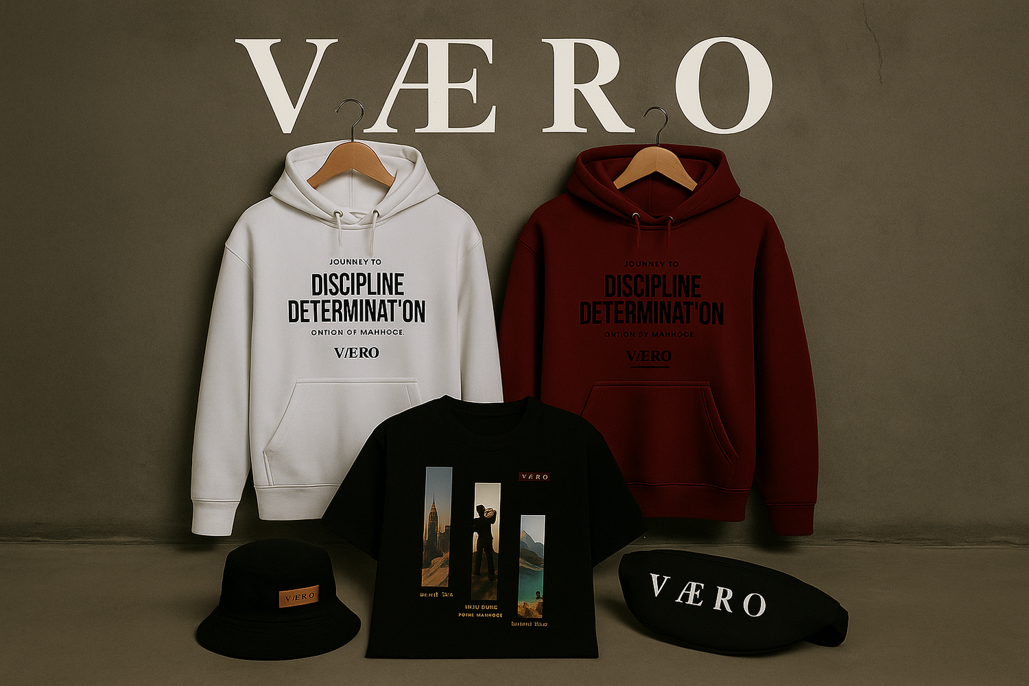 "VAERO Men’s Collection – premium streetwear for men featuring hoodies, tees, accessories and modern minimalist style in a clean studio layout."