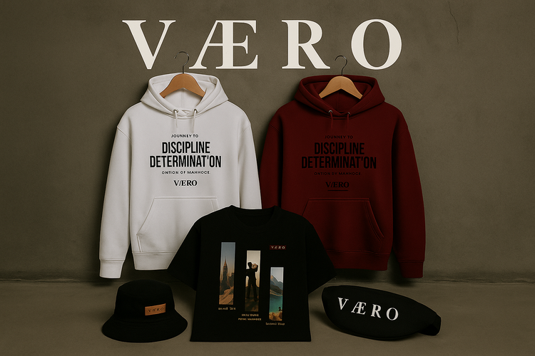 "VAERO Men’s Collection – premium streetwear for men featuring hoodies, tees, accessories and modern minimalist style in a clean studio layout."