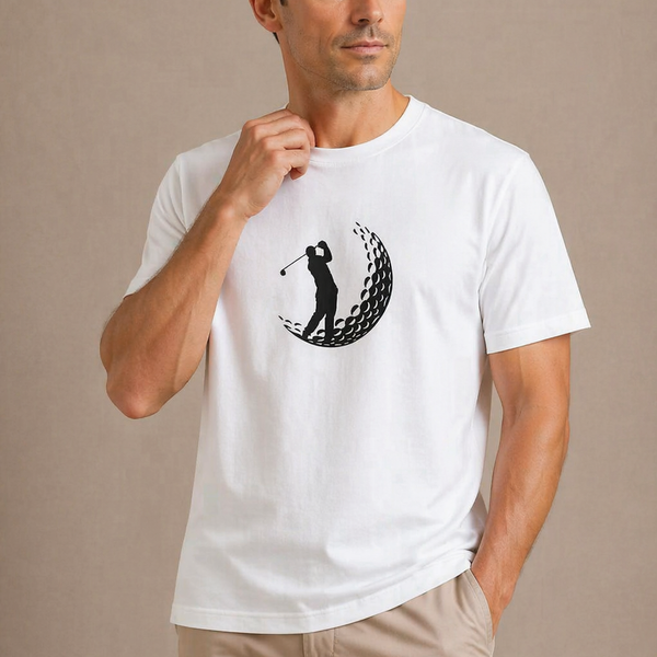 Man wearing a white t-shirt with a graphic design on a beige background