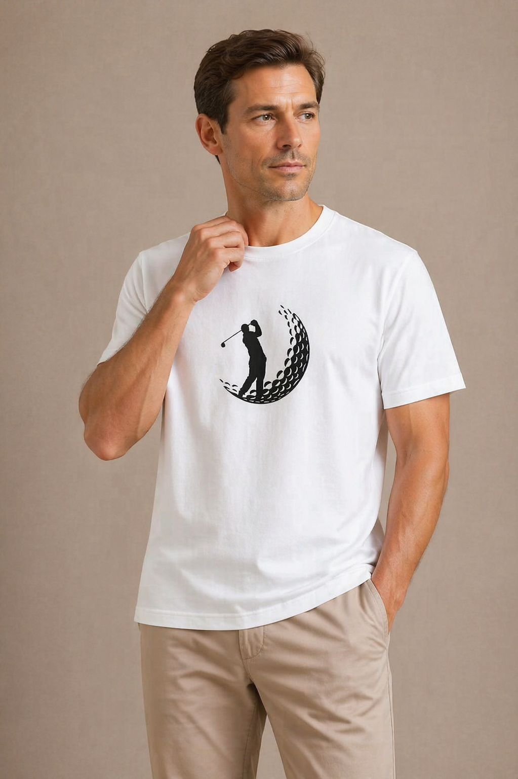 Man wearing a white t-shirt with a graphic design on a beige background