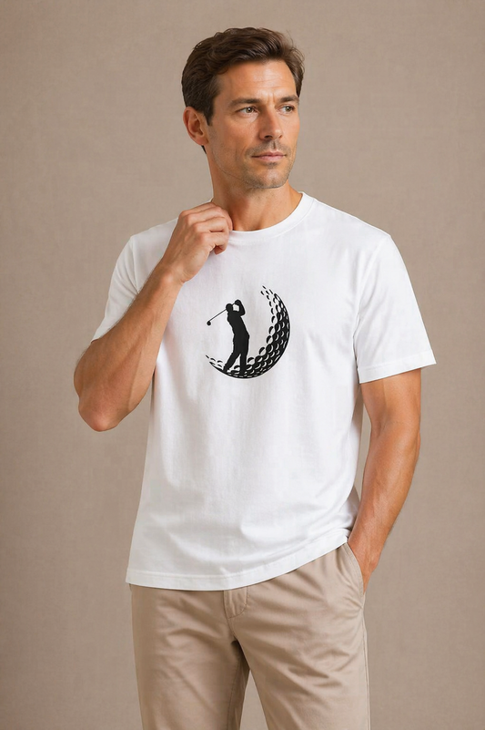 Man wearing a white t-shirt with a graphic design on a beige background