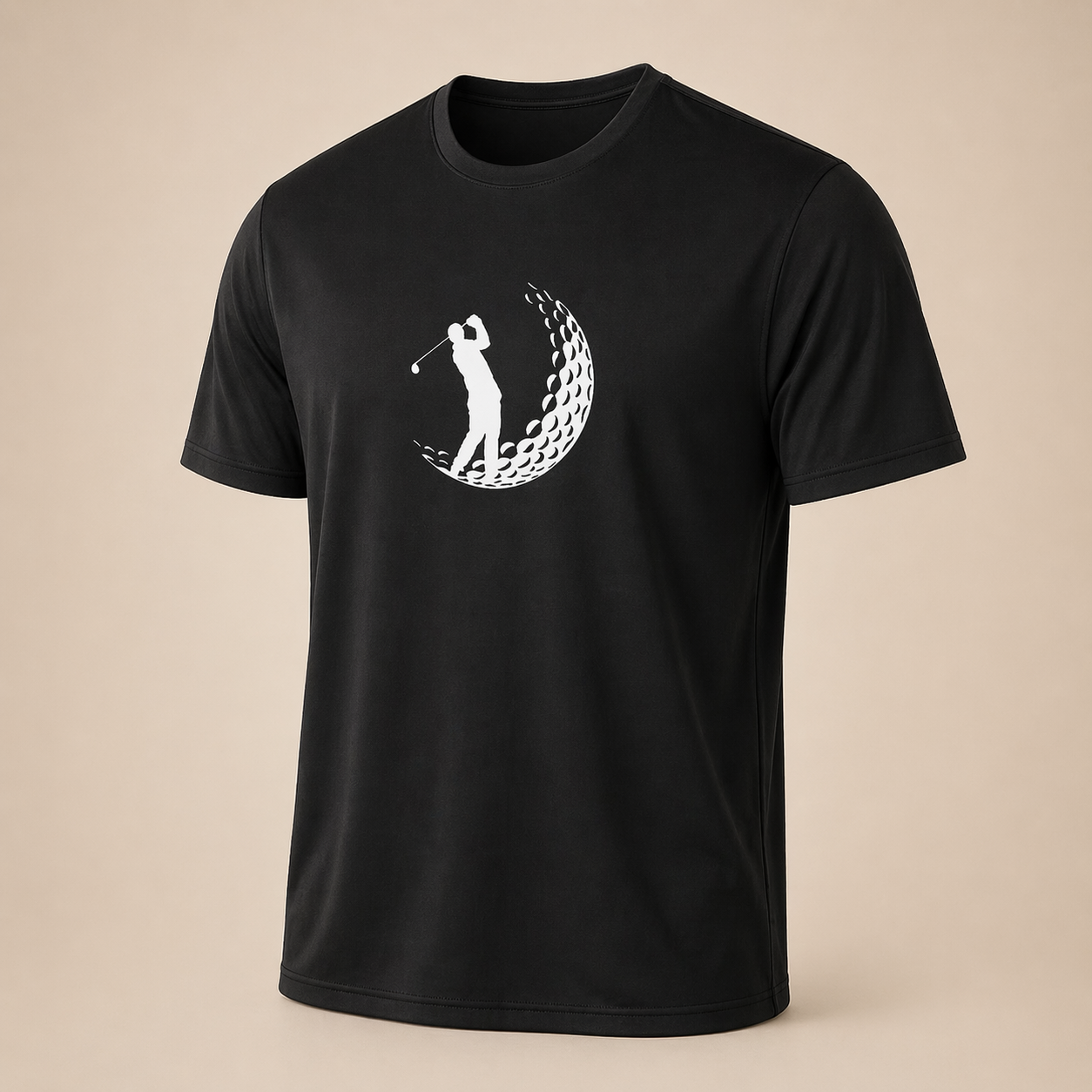 Black t-shirt with a golf-themed graphic on a beige background