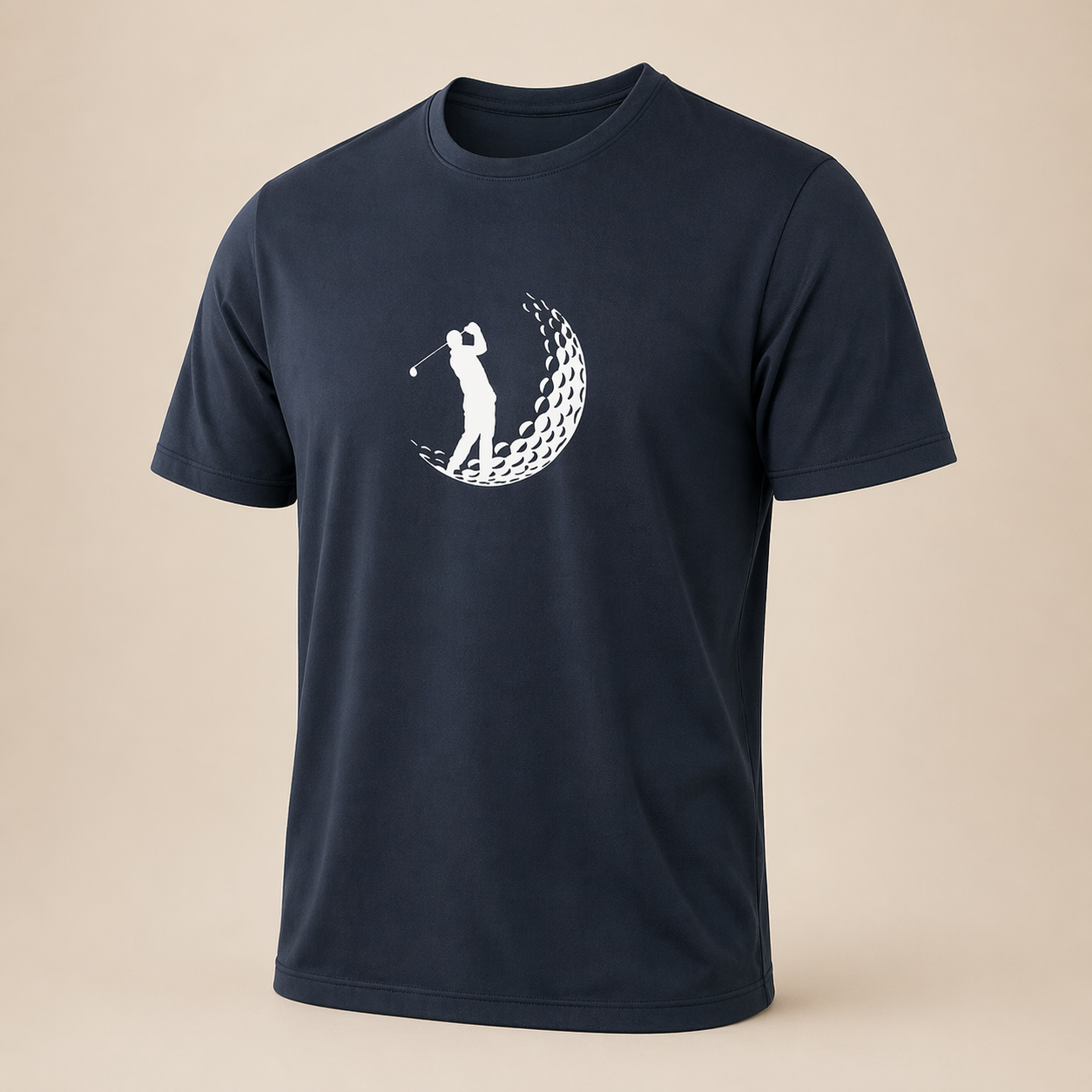 Navy blue t-shirt with a white golf-themed graphic on a beige background
