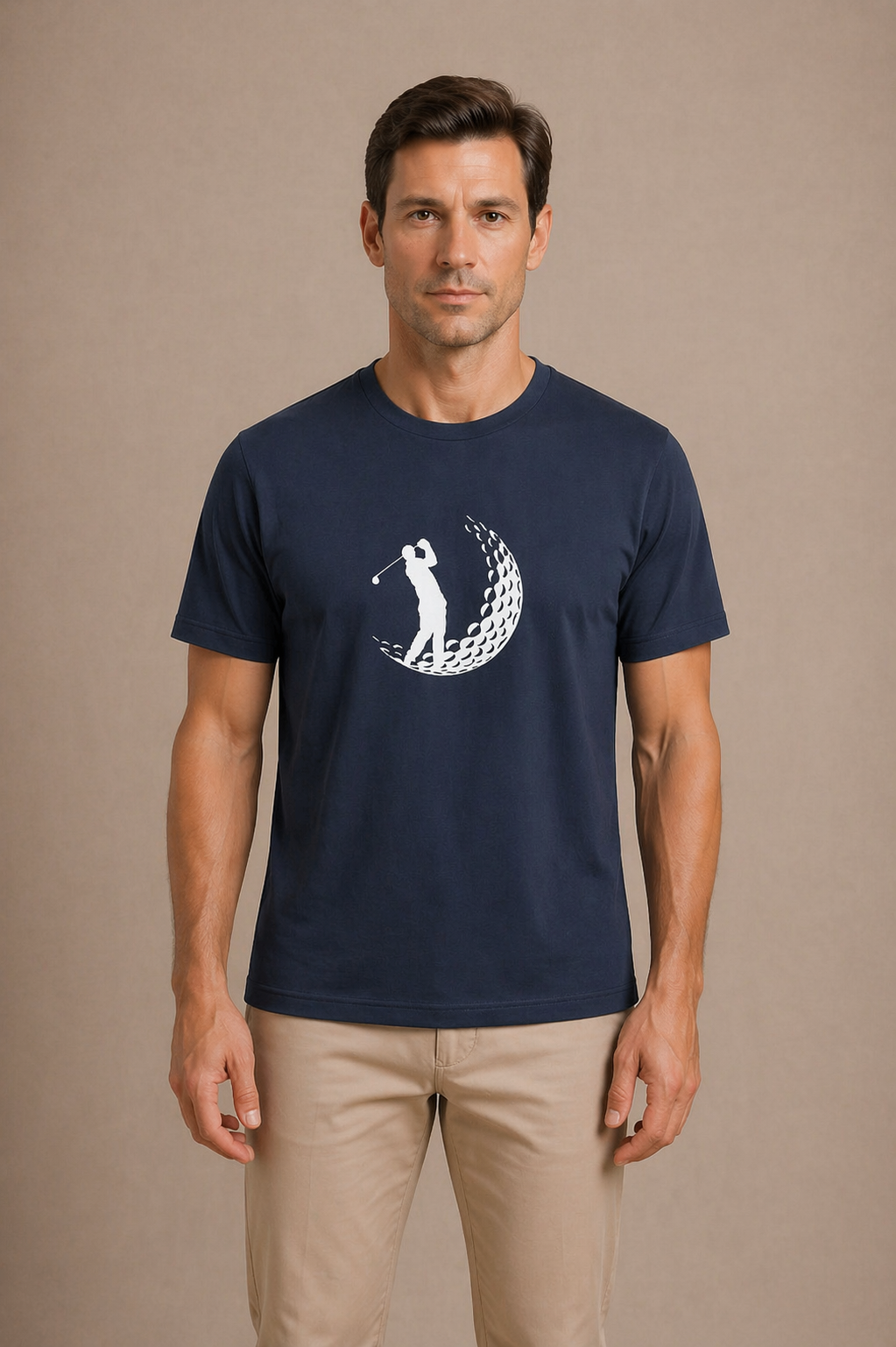 Man wearing a navy blue t-shirt with a graphic design on a beige background