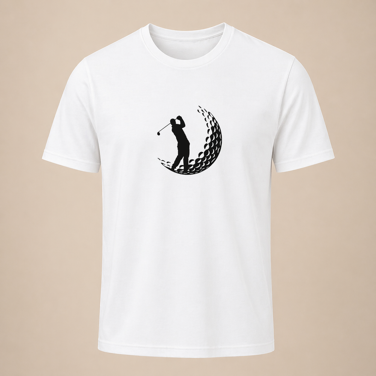 White t-shirt with a black golf graphic on a beige background