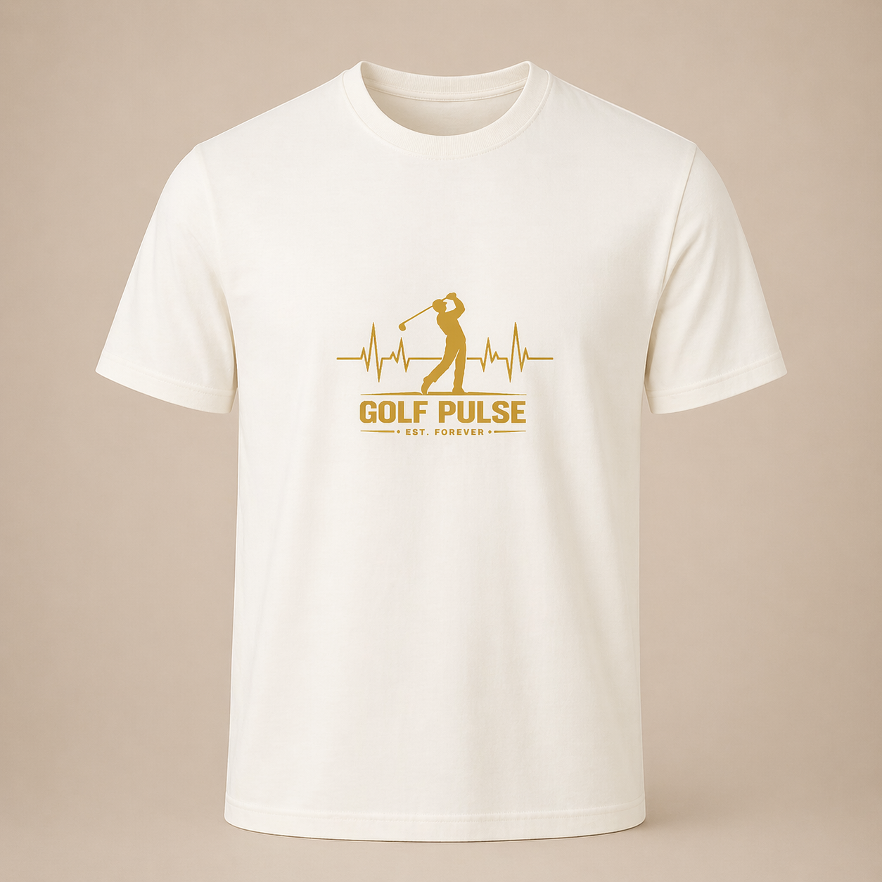 White t-shirt with gold graphic and text on a beige background