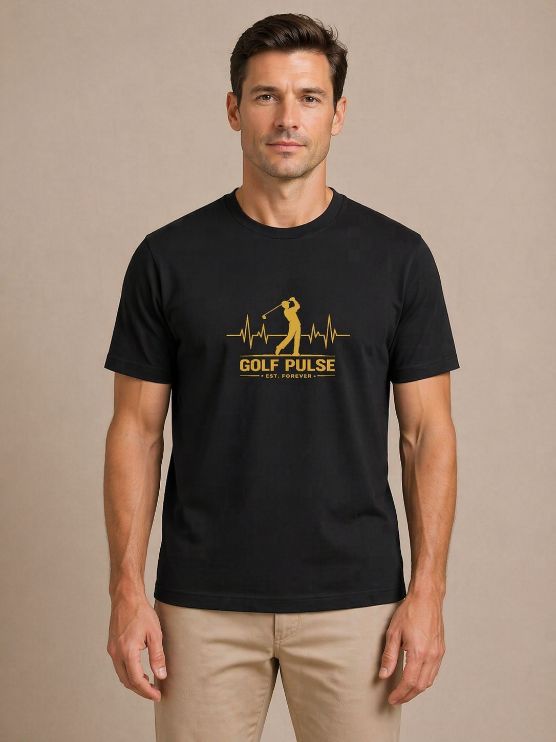 Man wearing a black t-shirt with 'Golf Pulse' logo on a beige background