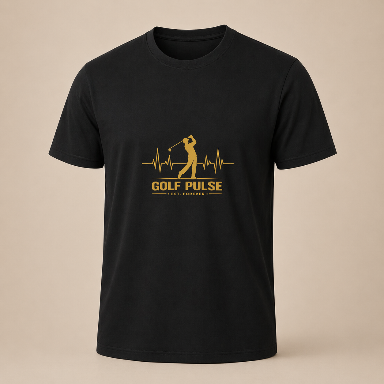 Black t-shirt with yellow golf-themed graphic on a beige background