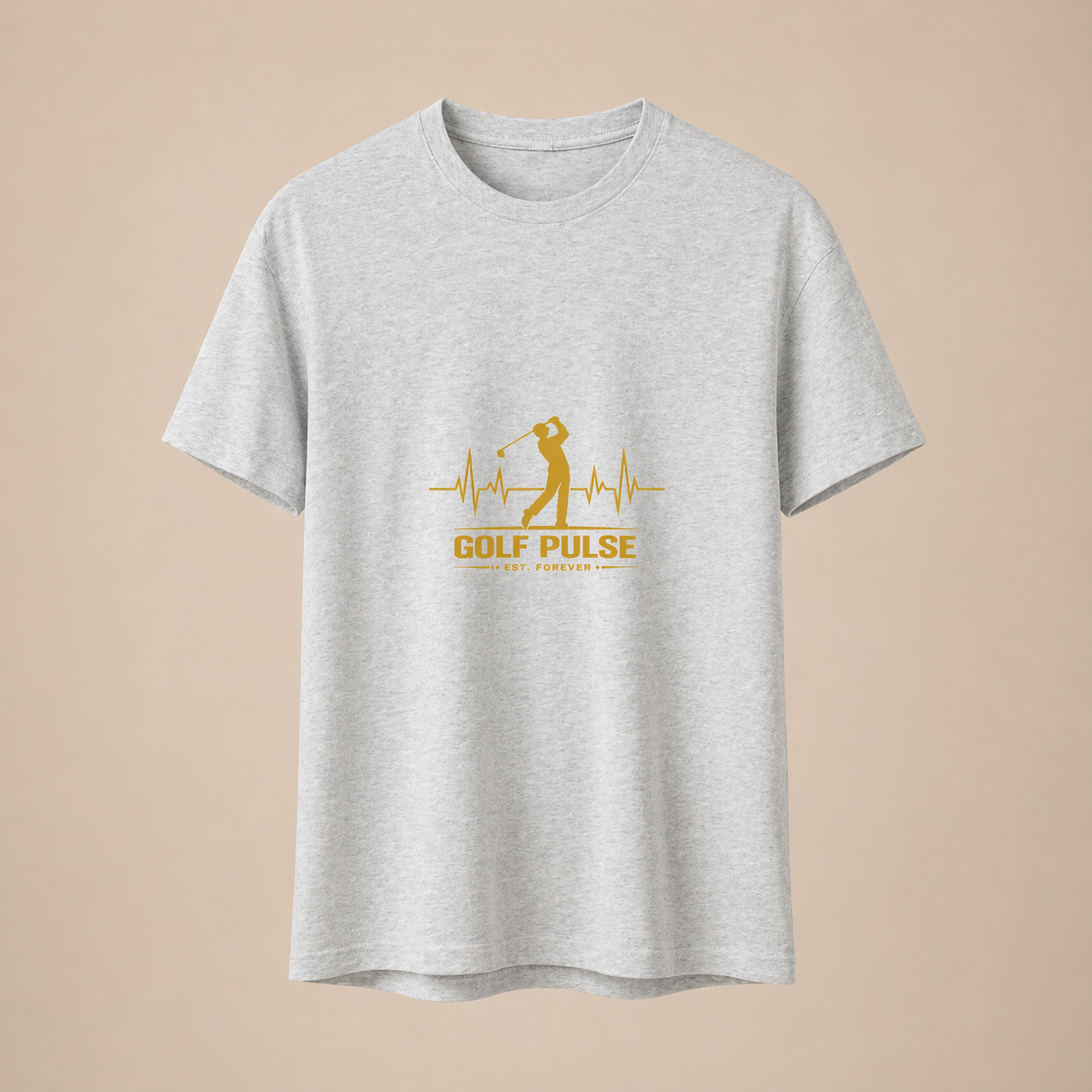 Gray t-shirt with a gold 'Golf Pulse' logo on a beige background