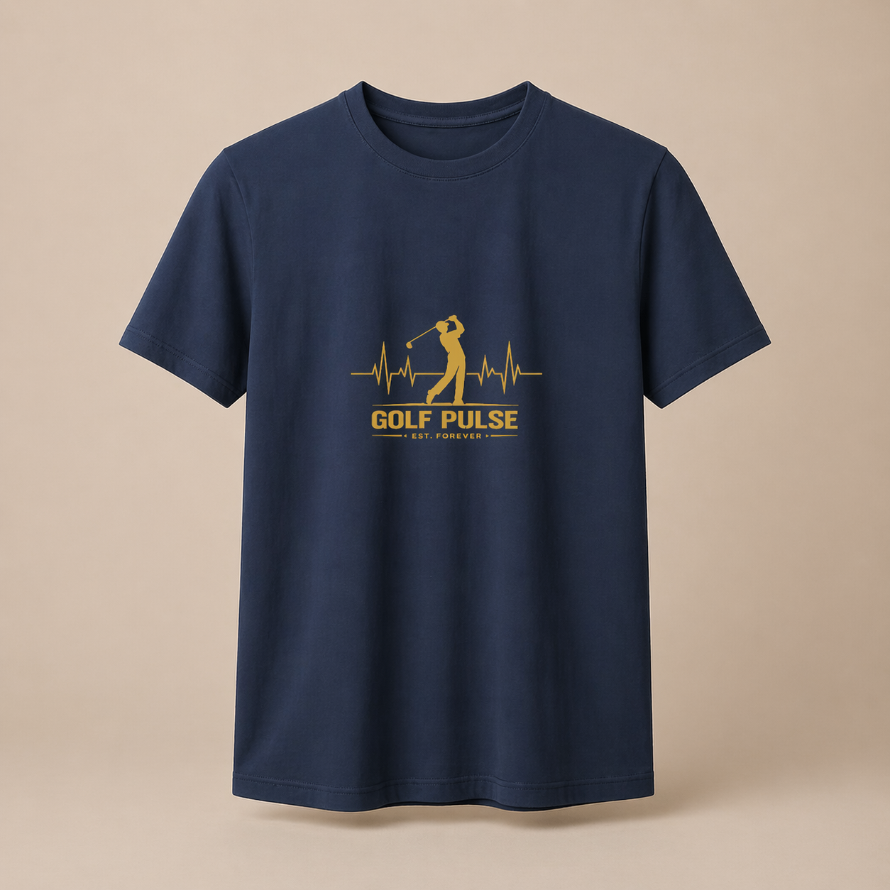 Navy blue t-shirt with yellow 'Golf Pulse' graphic on a beige background