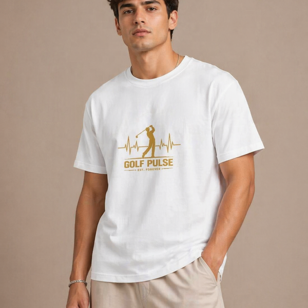 Man wearing a white t-shirt with a gold graphic and text on a beige background