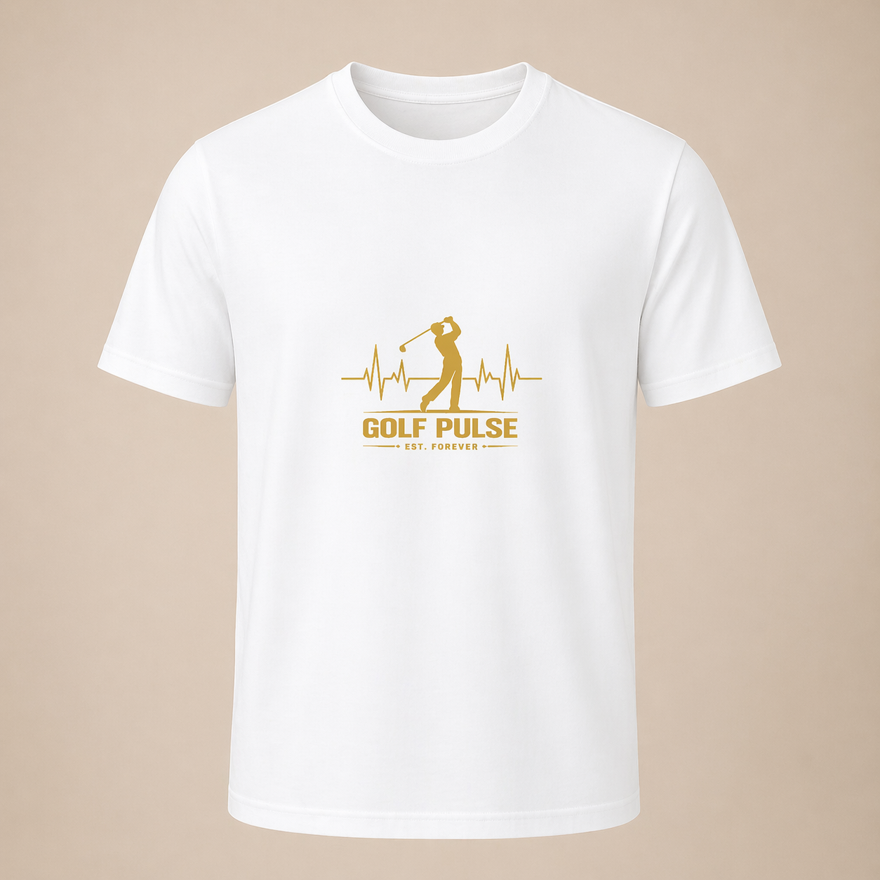 White t-shirt with gold 'Golf Pulse' logo on a beige background