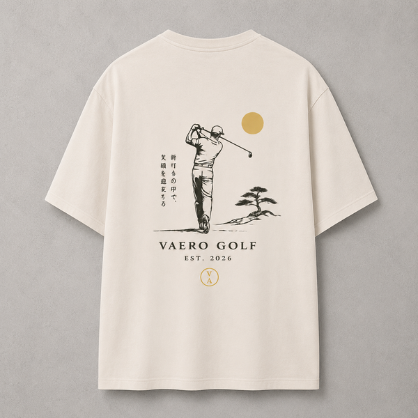 Beige t-shirt with golf-themed design and 'VAERO GOLF' branding on a gray background