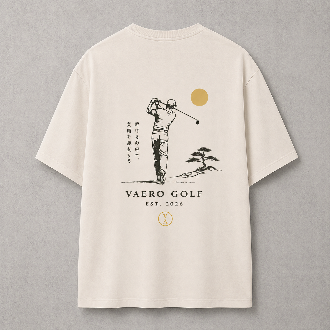 Beige t-shirt with golf-themed design and 'VAERO GOLF' branding on a gray background