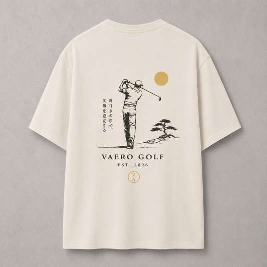 Beige t-shirt with golf-themed design and 'VAERO GOLF' branding on a gray background