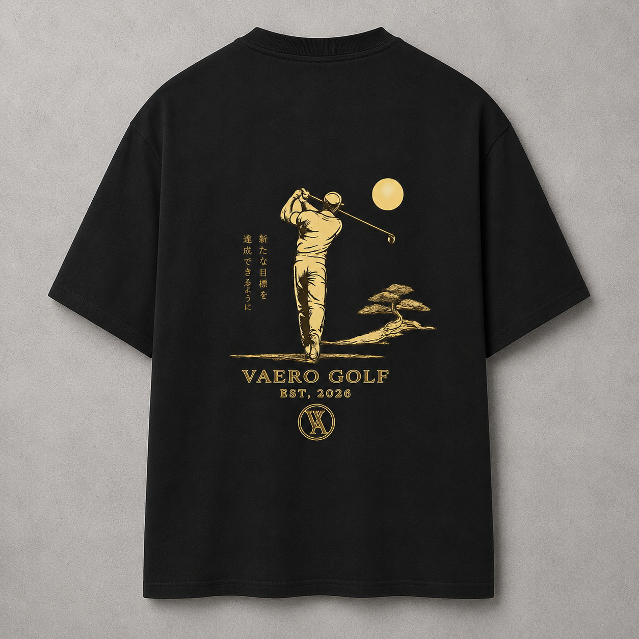 Black t-shirt with gold golf graphic and 'VAERO GOLF' branding on a gray background