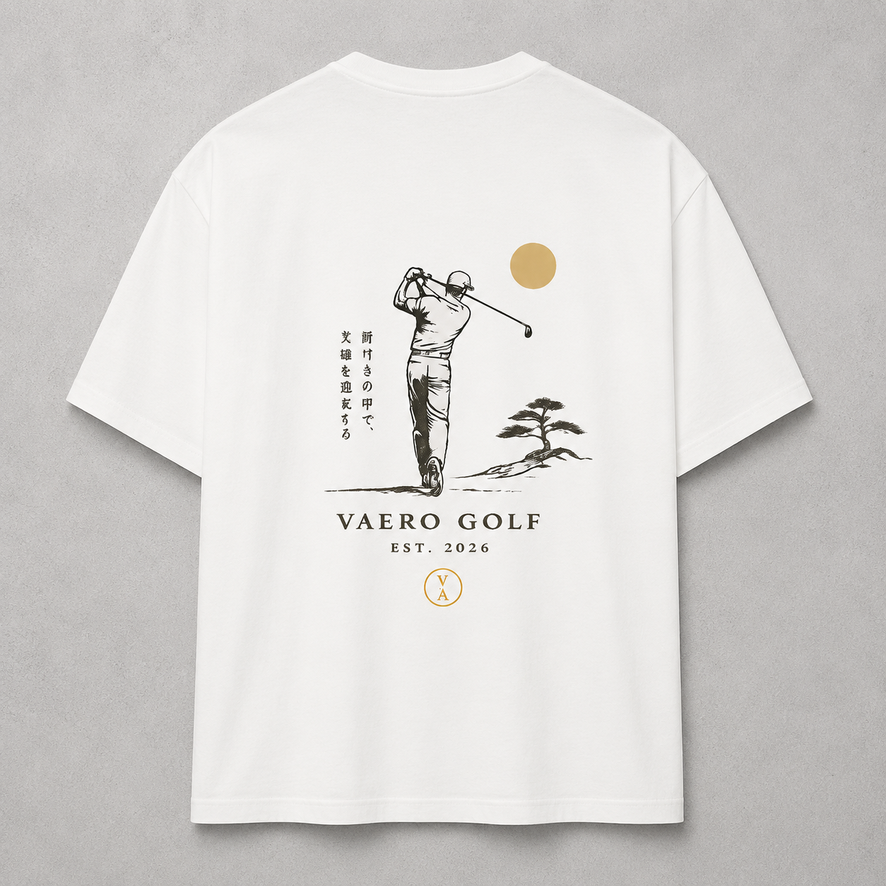 White t-shirt with golf-themed design and 'VAERO GOLF' branding on a gray background