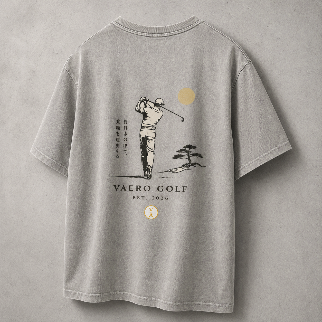 Gray t-shirt with a golf-themed design and 'VAERO GOLF' branding on a gray background