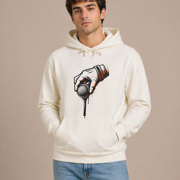 Man wearing a white hoodie with a graphic design on a beige background