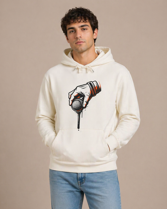 Man wearing a white hoodie with a graphic design on a beige background