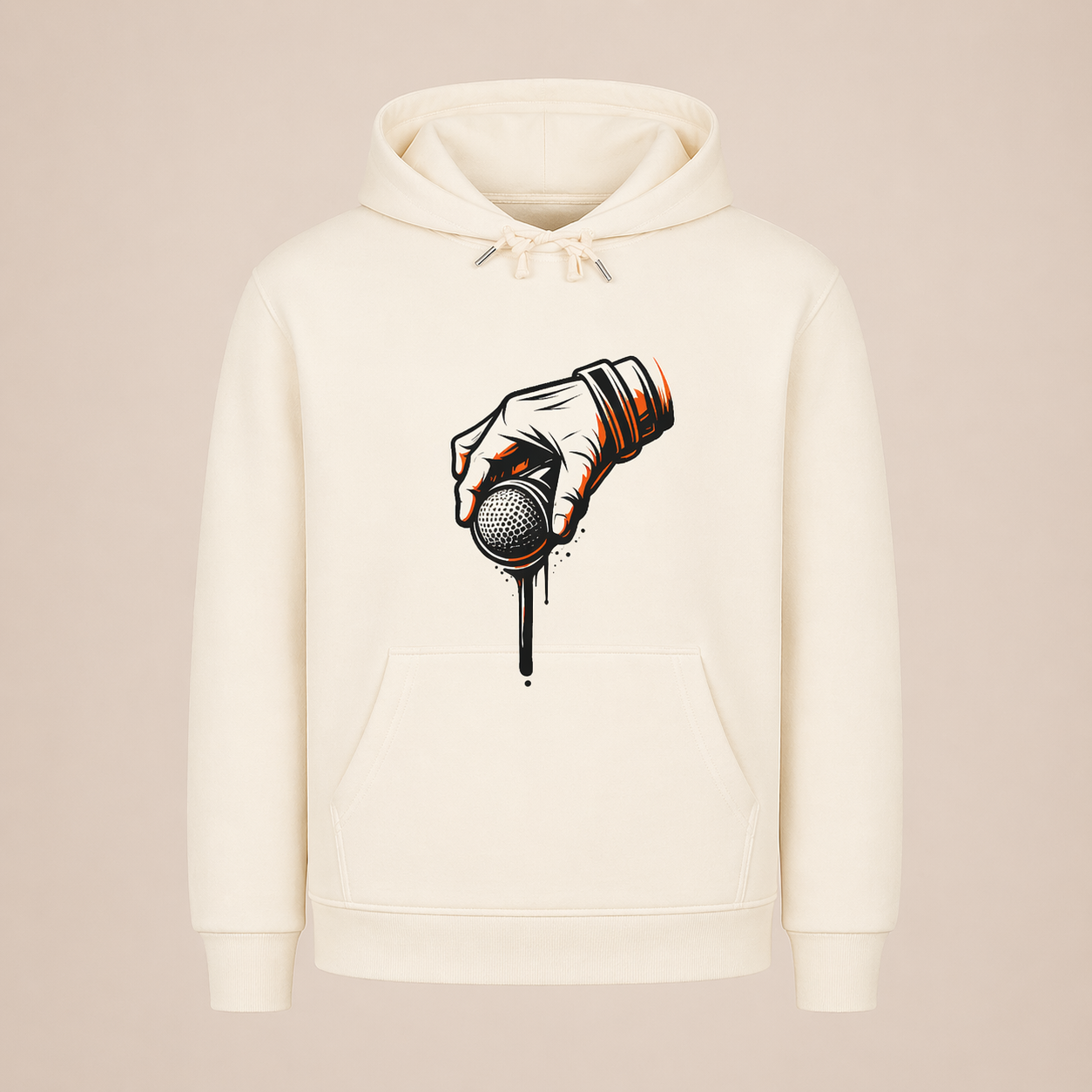 White hoodie with a graphic of a hand holding a golf club on a beige background