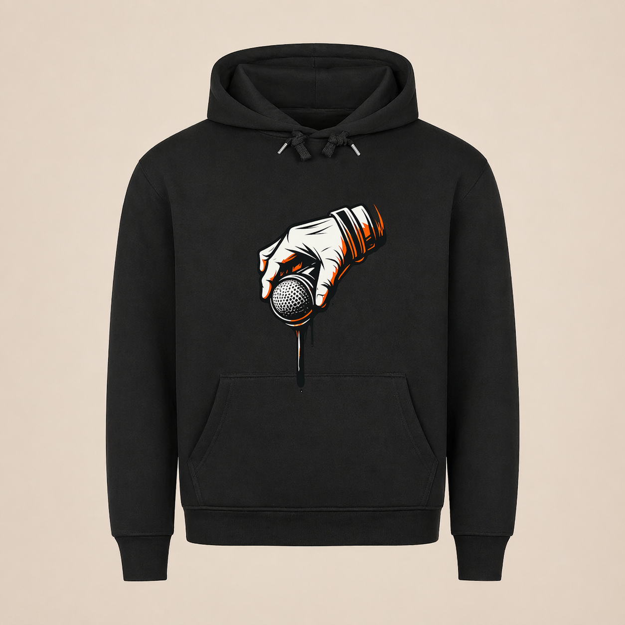 Black hoodie with a graphic of a hand holding a microphone on a beige background