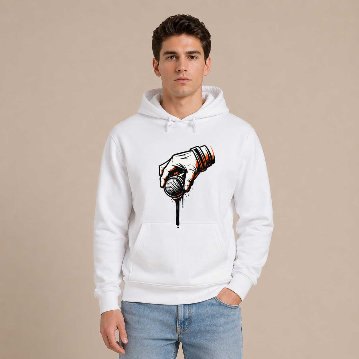 Man wearing a white hoodie with a graphic design on a beige background