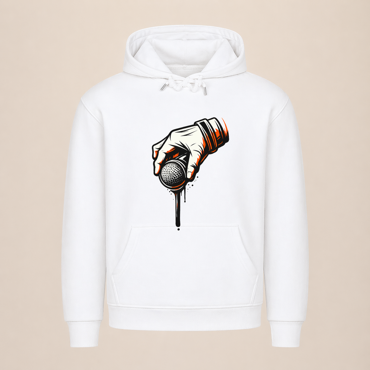 White hoodie with a graphic design of a hand holding a microphone on a beige background