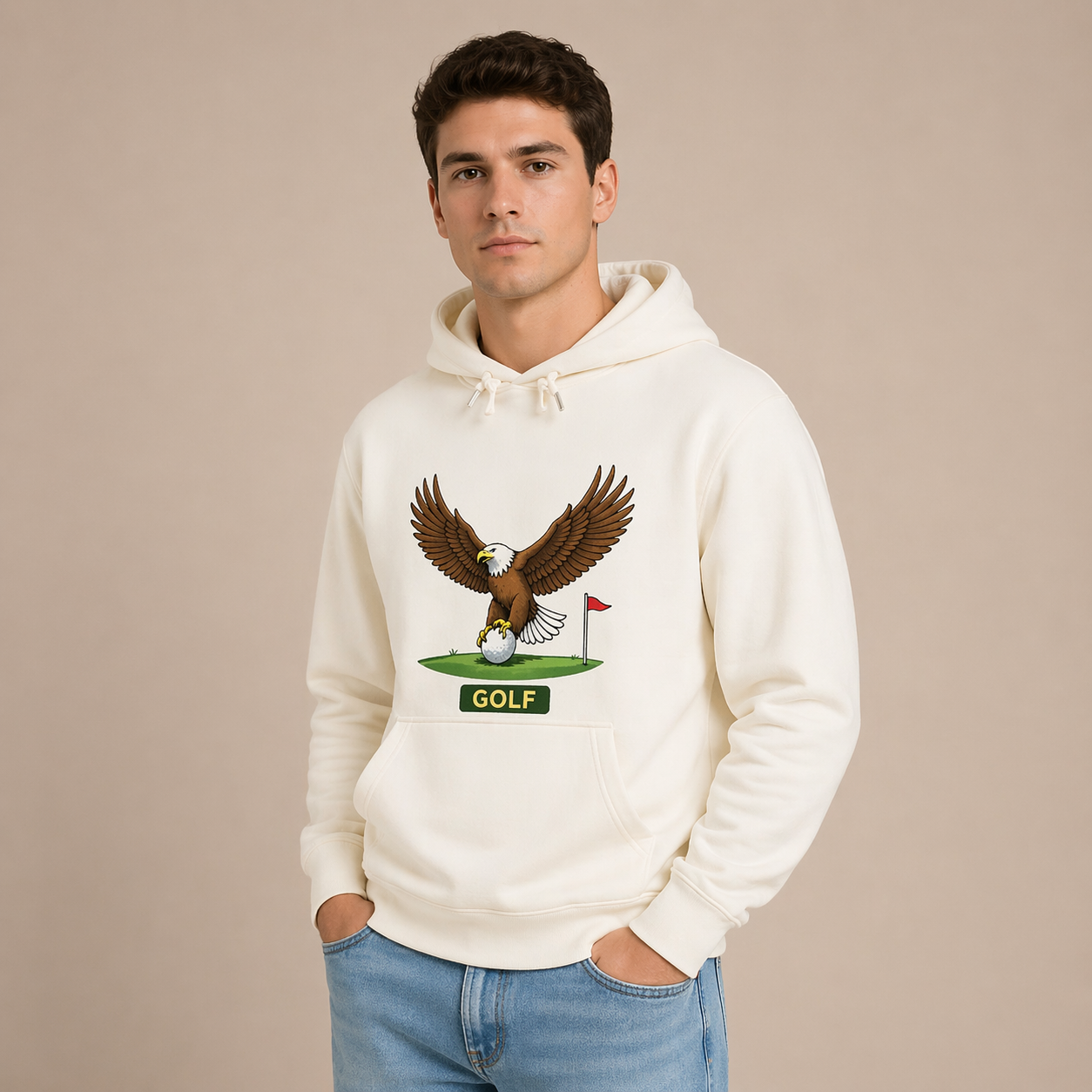 Man wearing a white hoodie with an eagle and golf ball design on a beige background