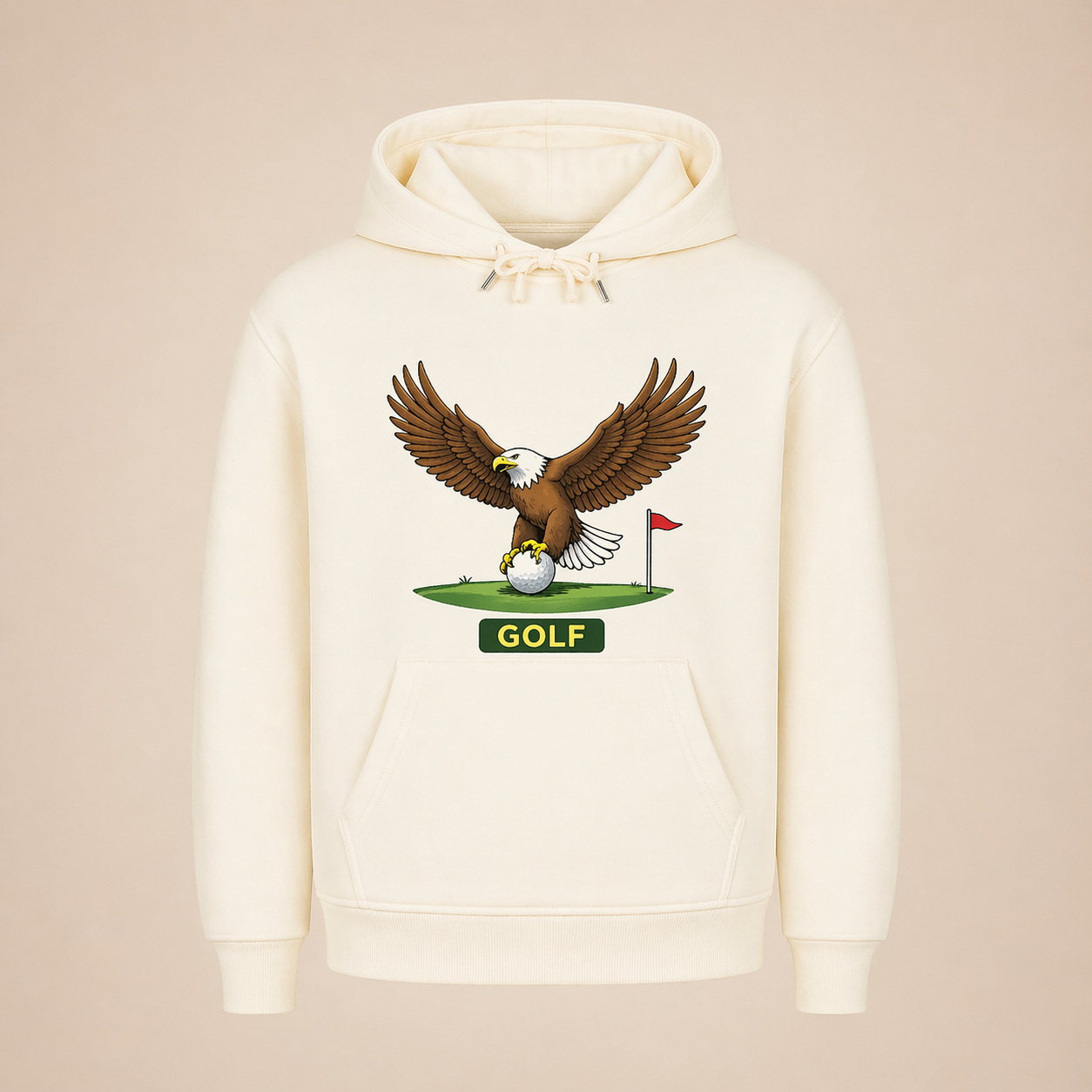White hoodie with an eagle and golf ball design on a beige background