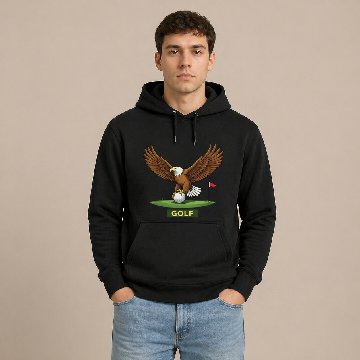Person wearing a black hoodie with a golf-themed design on a beige background