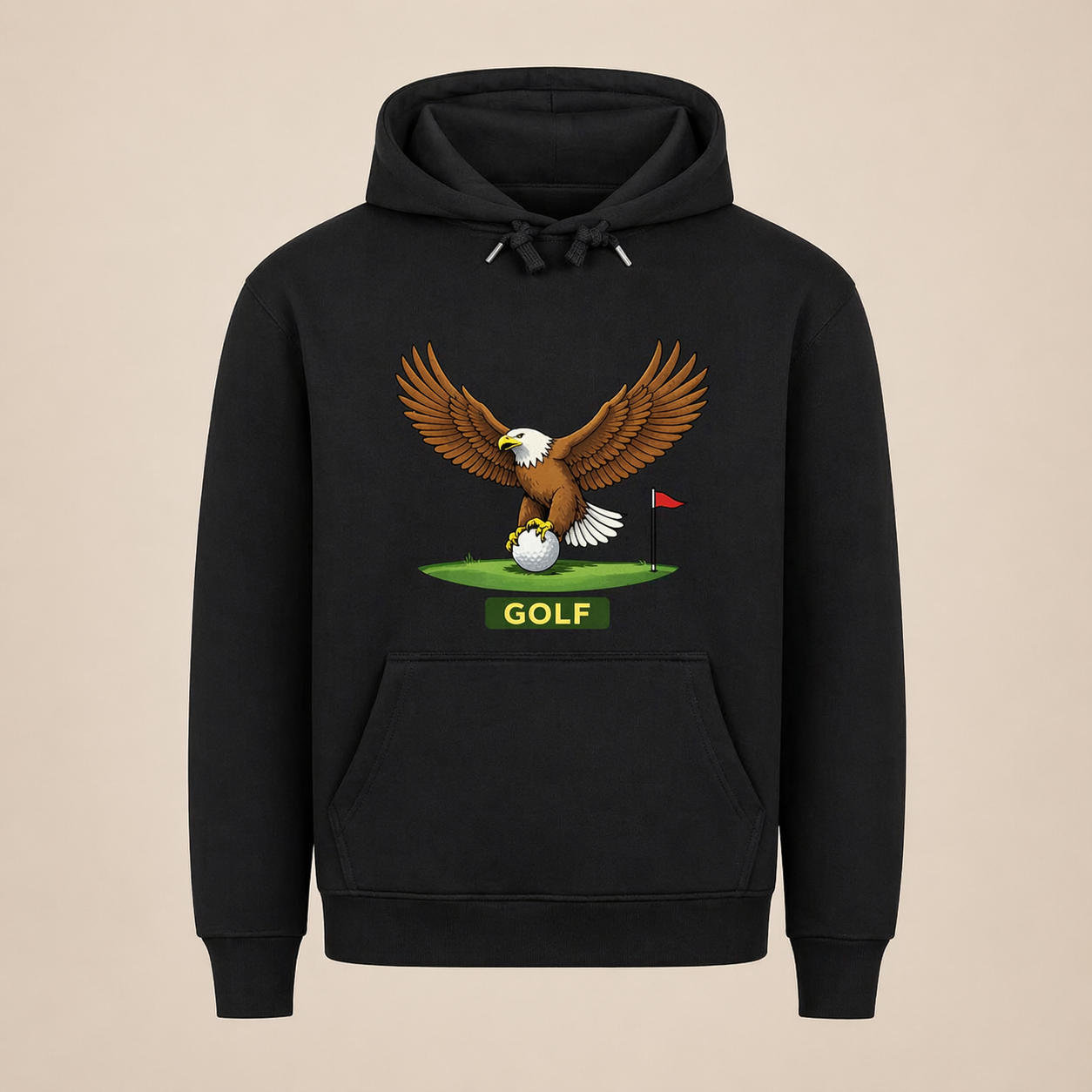 Black hoodie with an eagle and golf ball design on a beige background