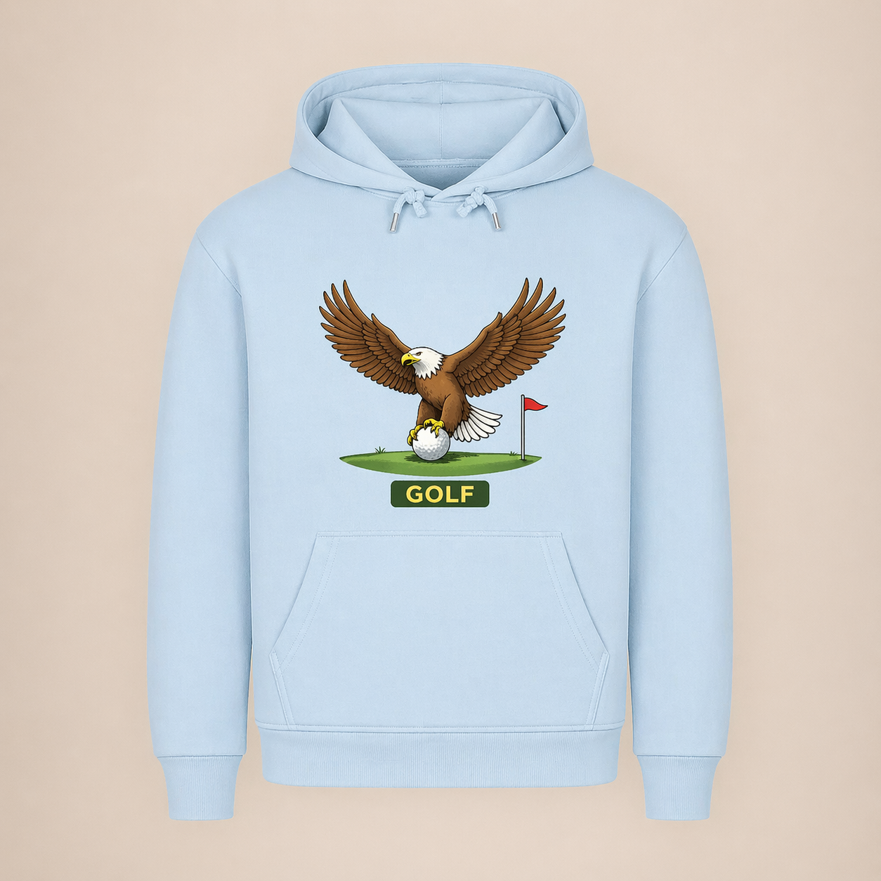 Light blue hoodie with an eagle and golf ball design on a beige background