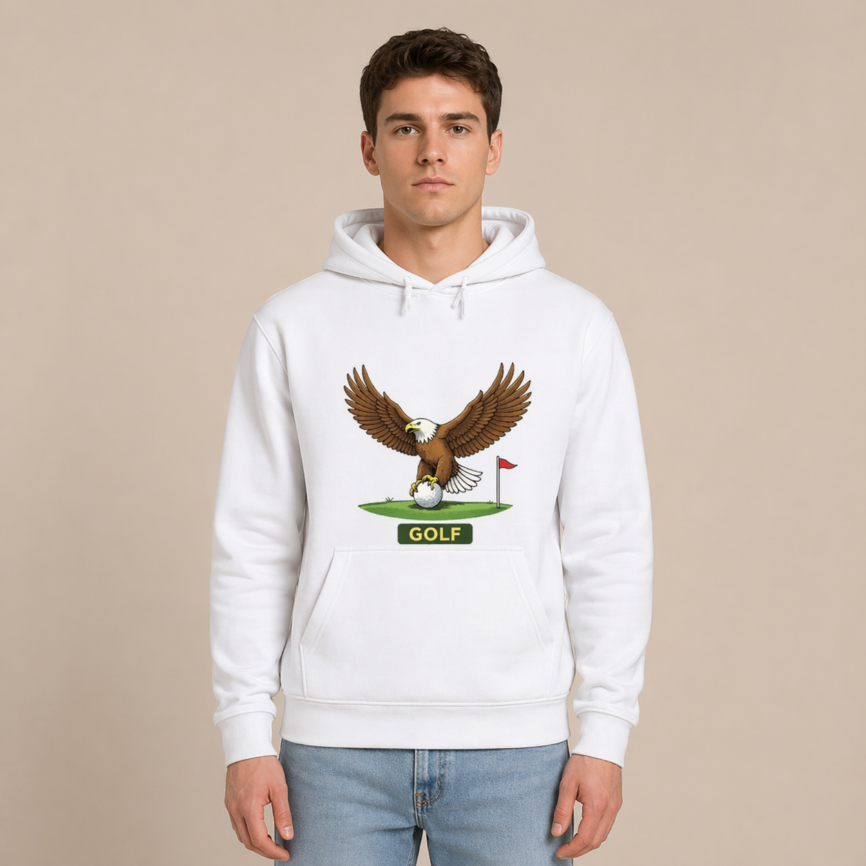 Person wearing a white hoodie with a golf-themed design on a beige background