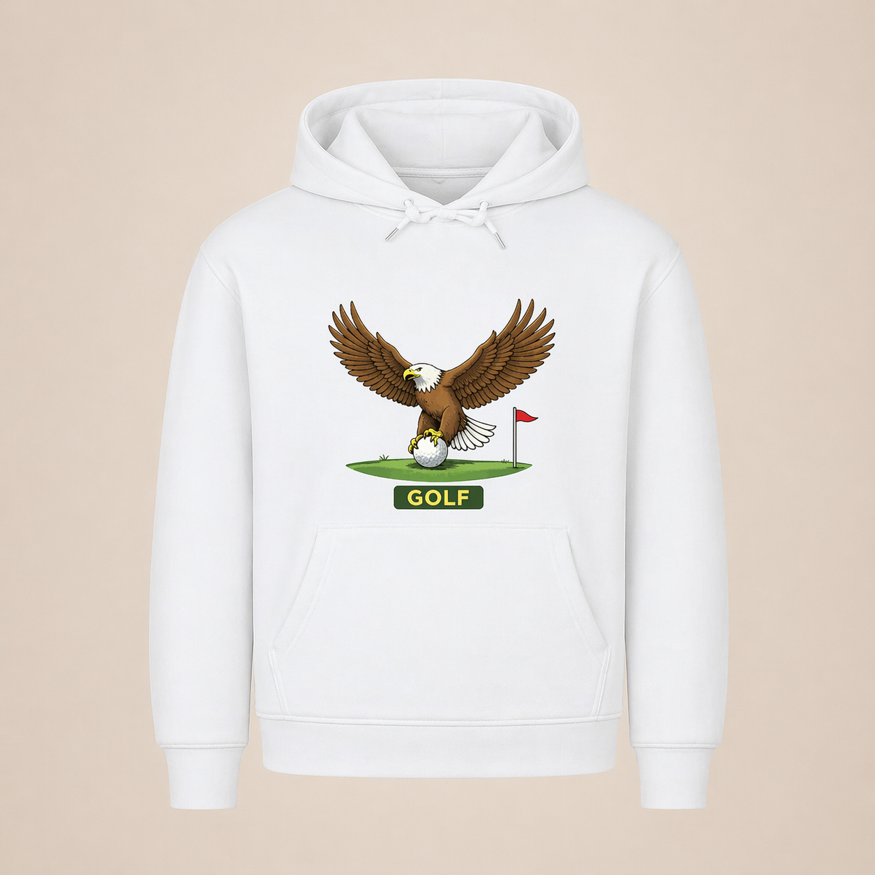 White hoodie with an eagle and golf ball design on a beige background