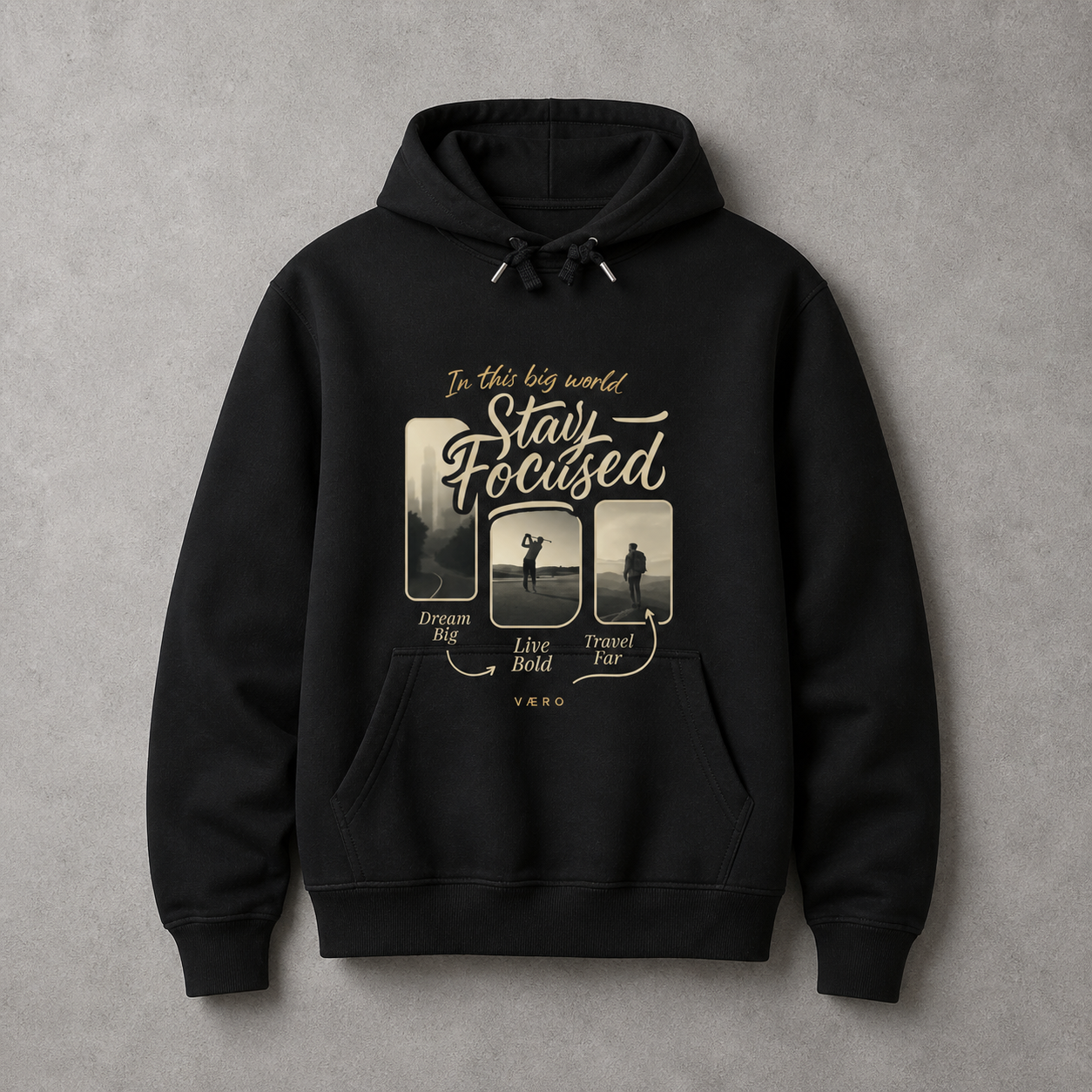 Black hoodie with motivational graphic and text on a gray background