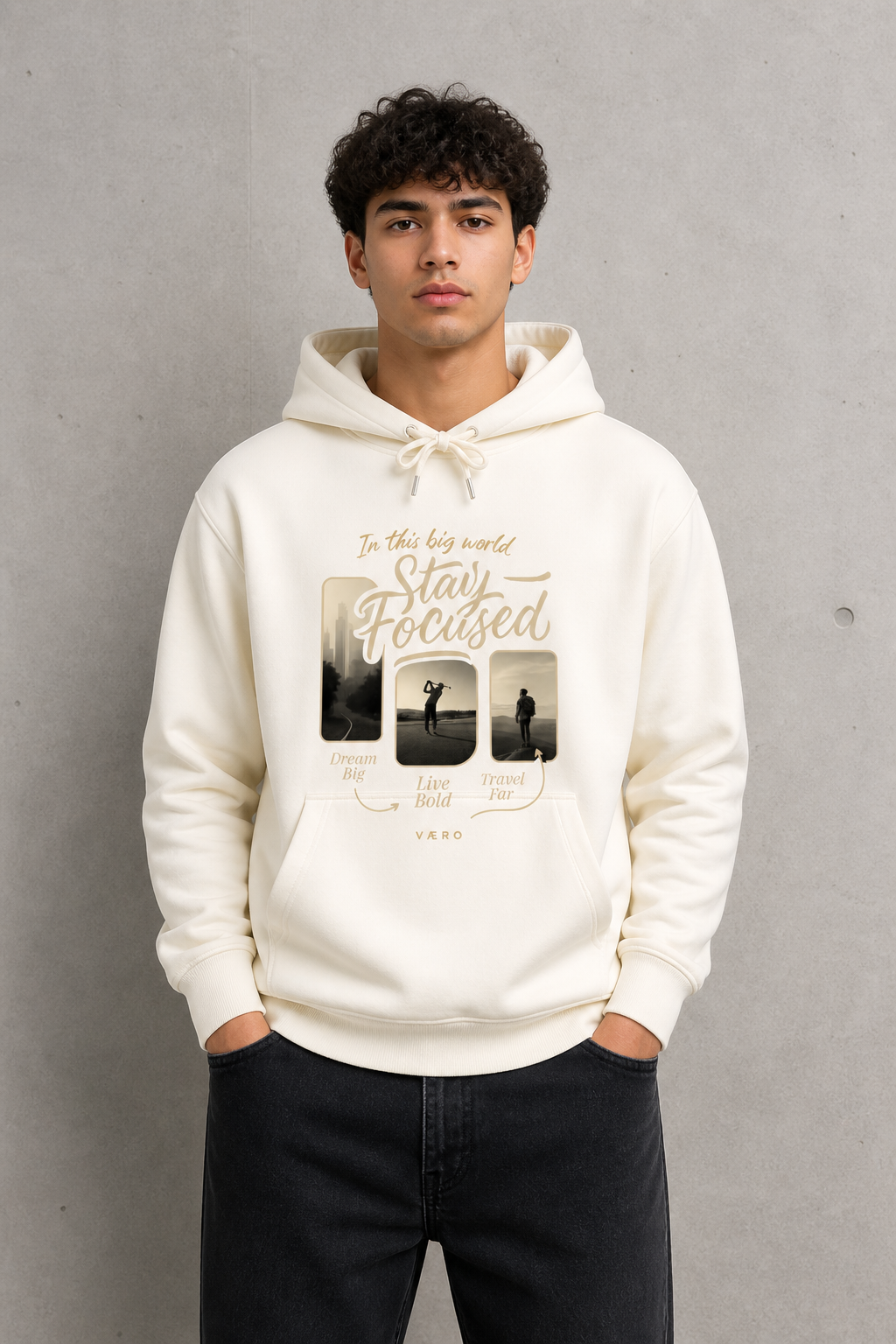 Person wearing a white hoodie with motivational text and images on a gray background
