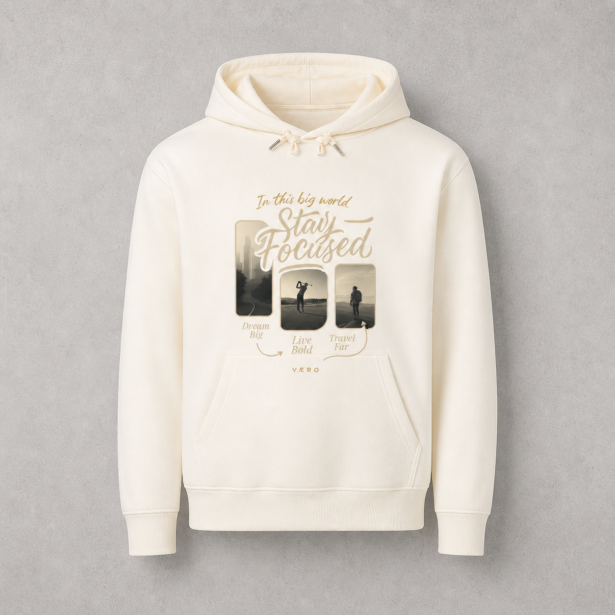 White hoodie with motivational quote and images on a gray background