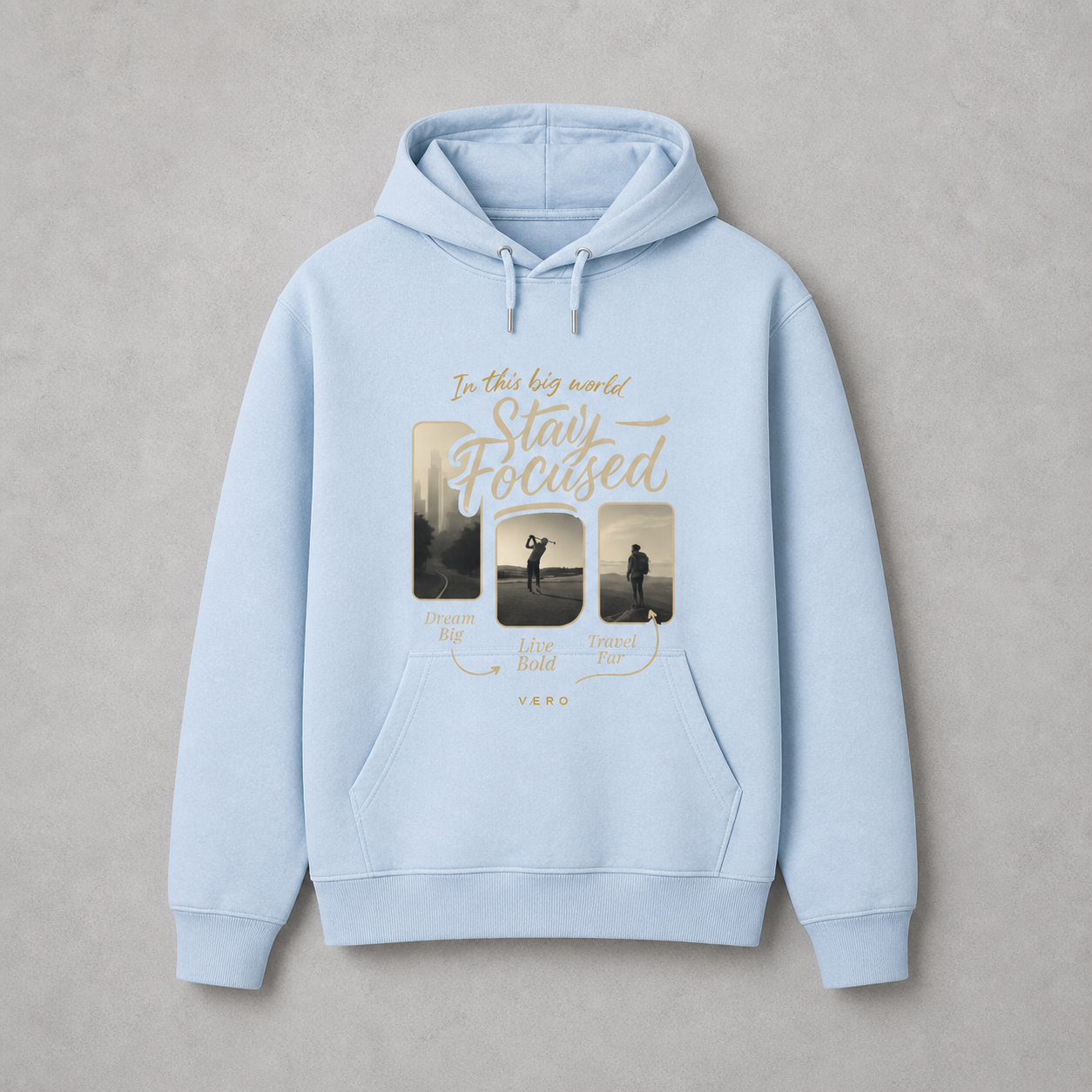 Light blue hoodie with motivational text and images on a gray background