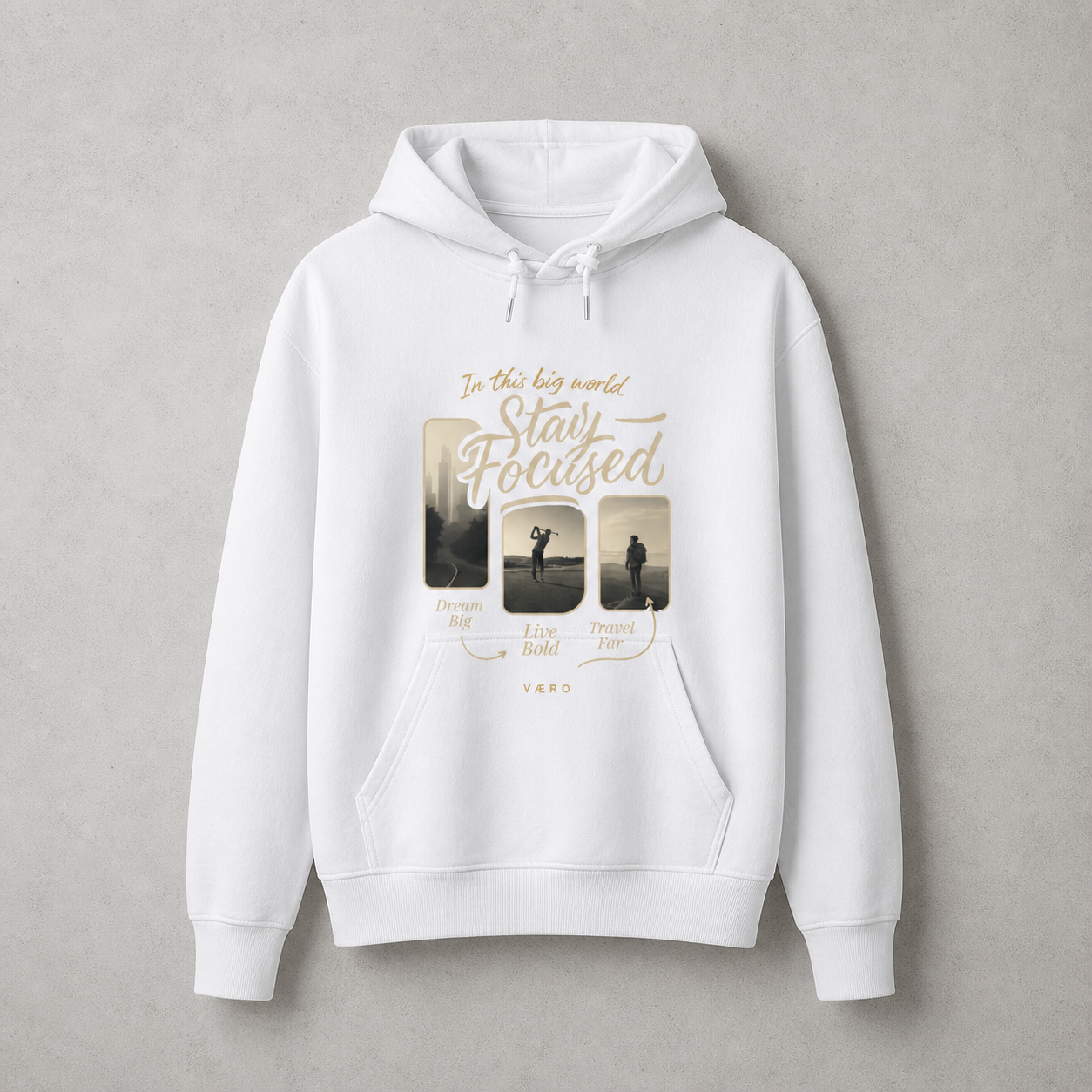 White hoodie with motivational graphic and text on a gray background