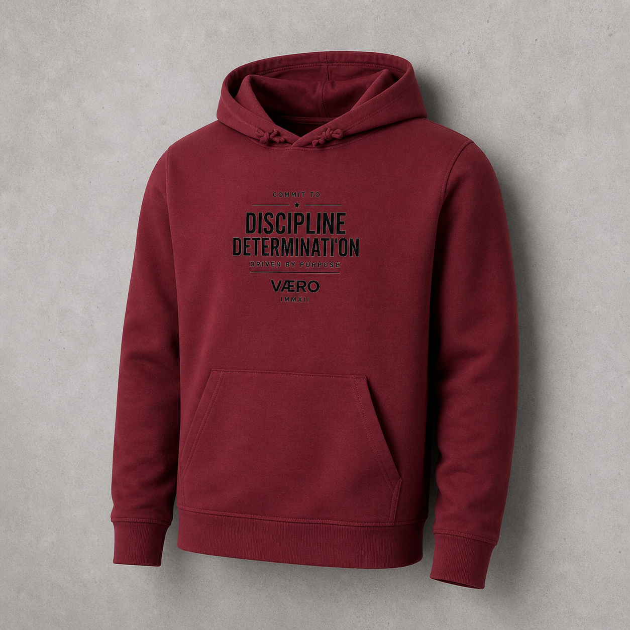 Maroon hoodie with text on a gray background