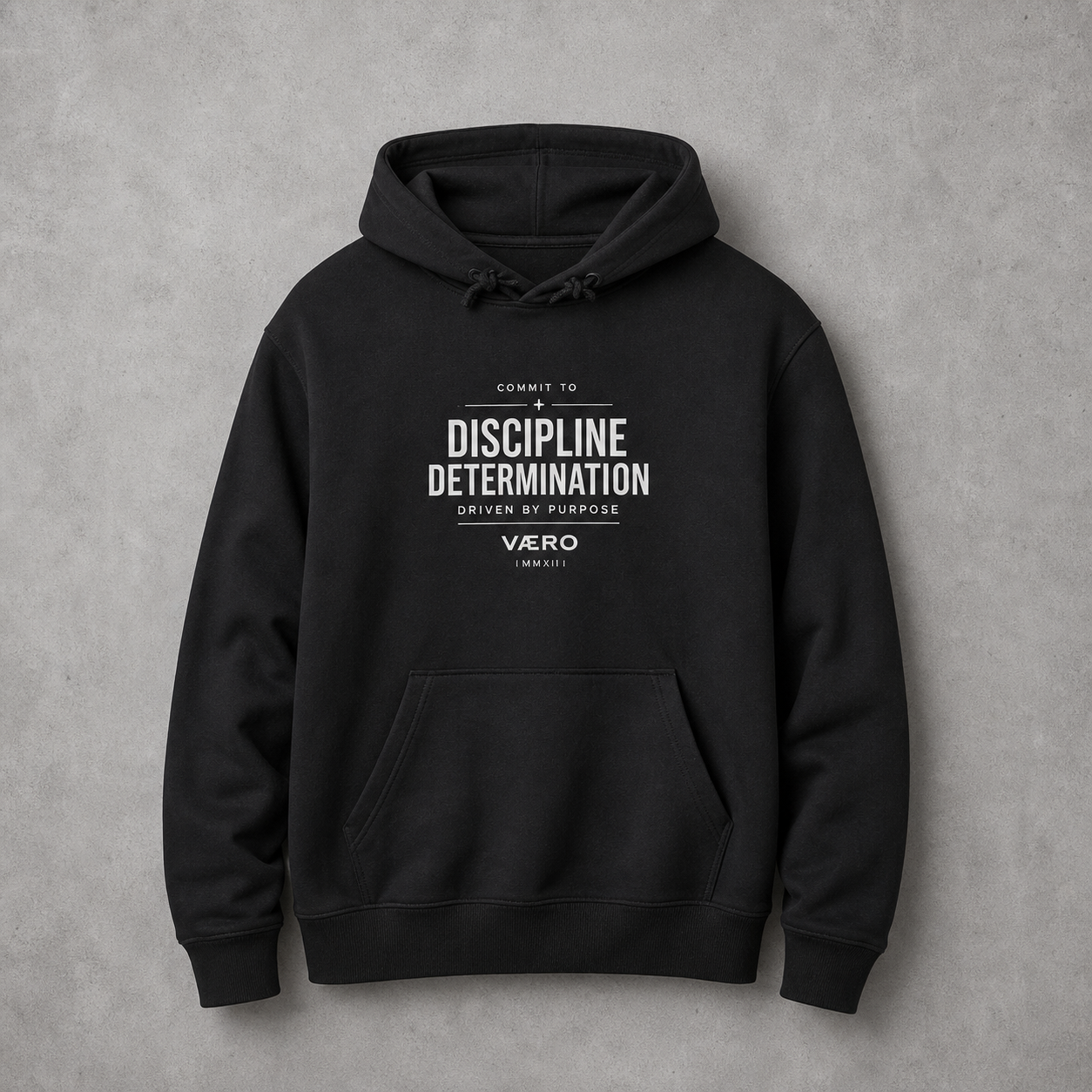 Black hoodie with white text on a gray background