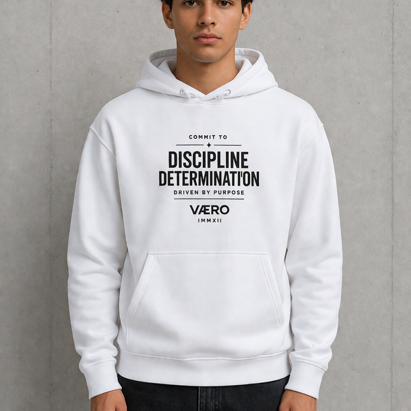 Person wearing a white hoodie with text on a gray background