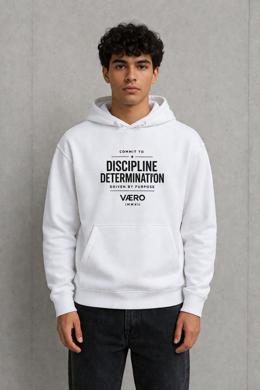 Person wearing a white hoodie with text on a gray background