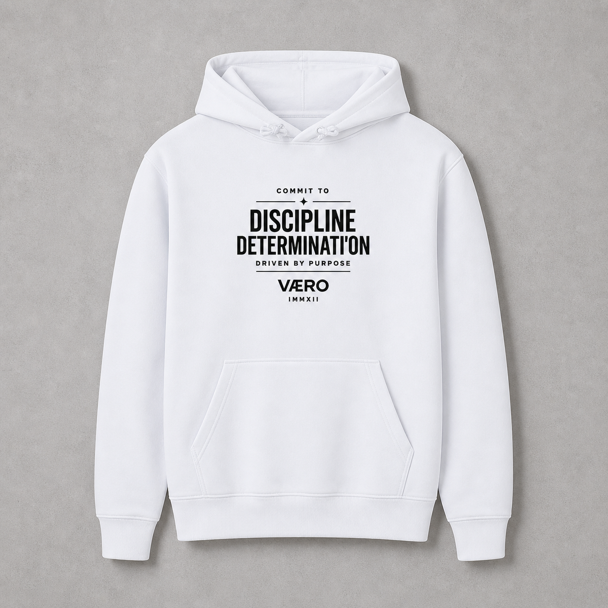White hoodie with motivational text on a gray background