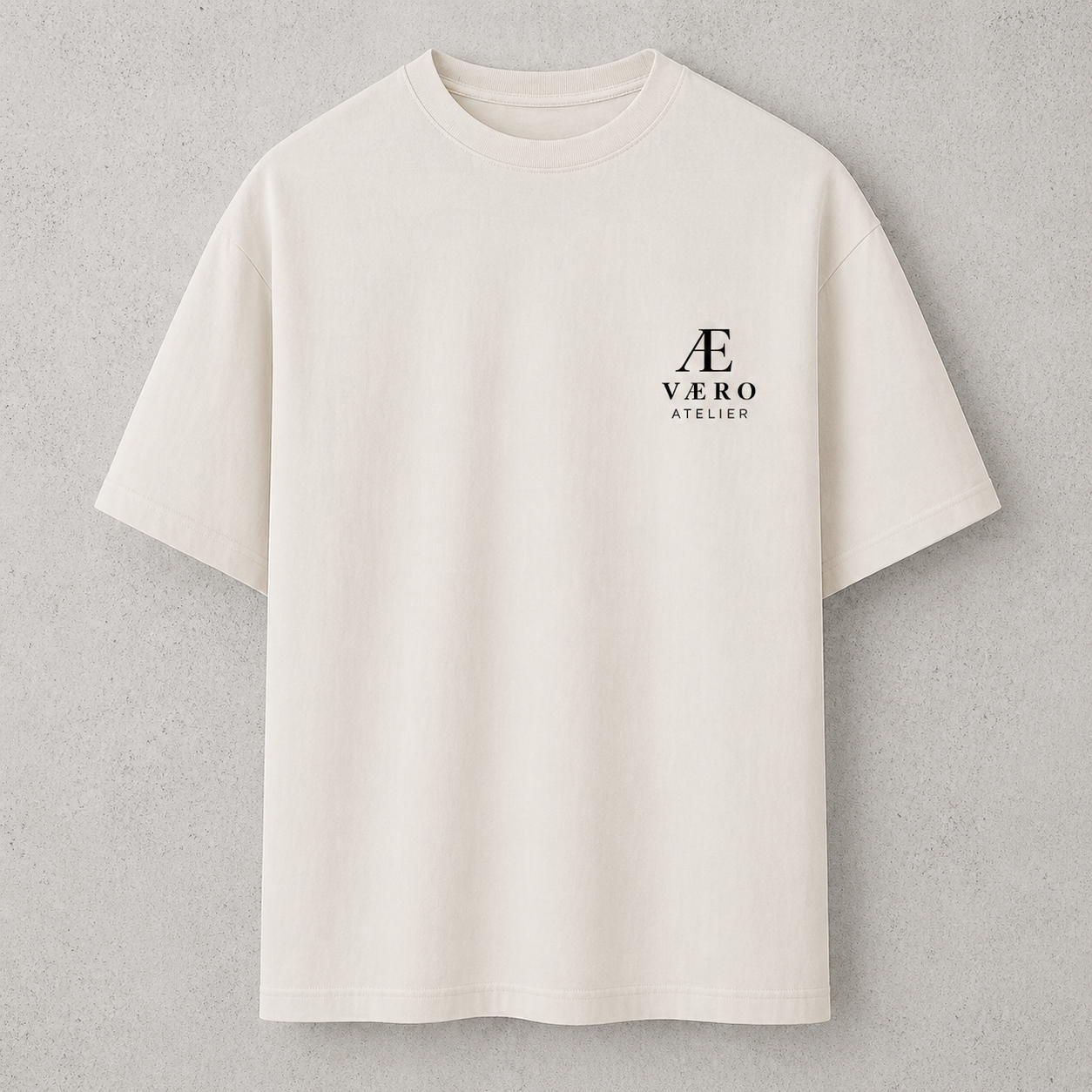 Beige t-shirt with a logo on a gray background