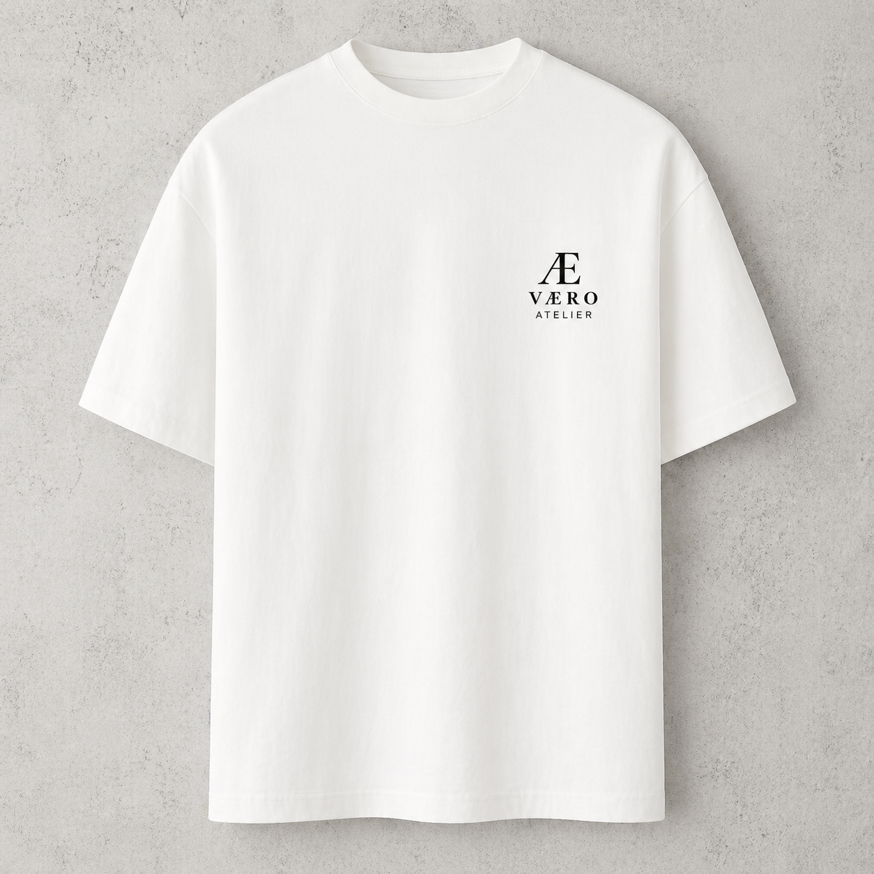 White t-shirt with a logo on a gray background