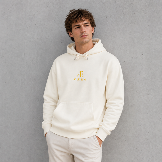 Man wearing a white hoodie with a logo on a gray background